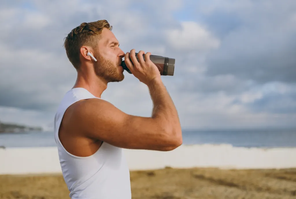 Mężczyzna pijący białko dla regeneracji po treningu Mężczyzna pijący białko dla regeneracji po treningu