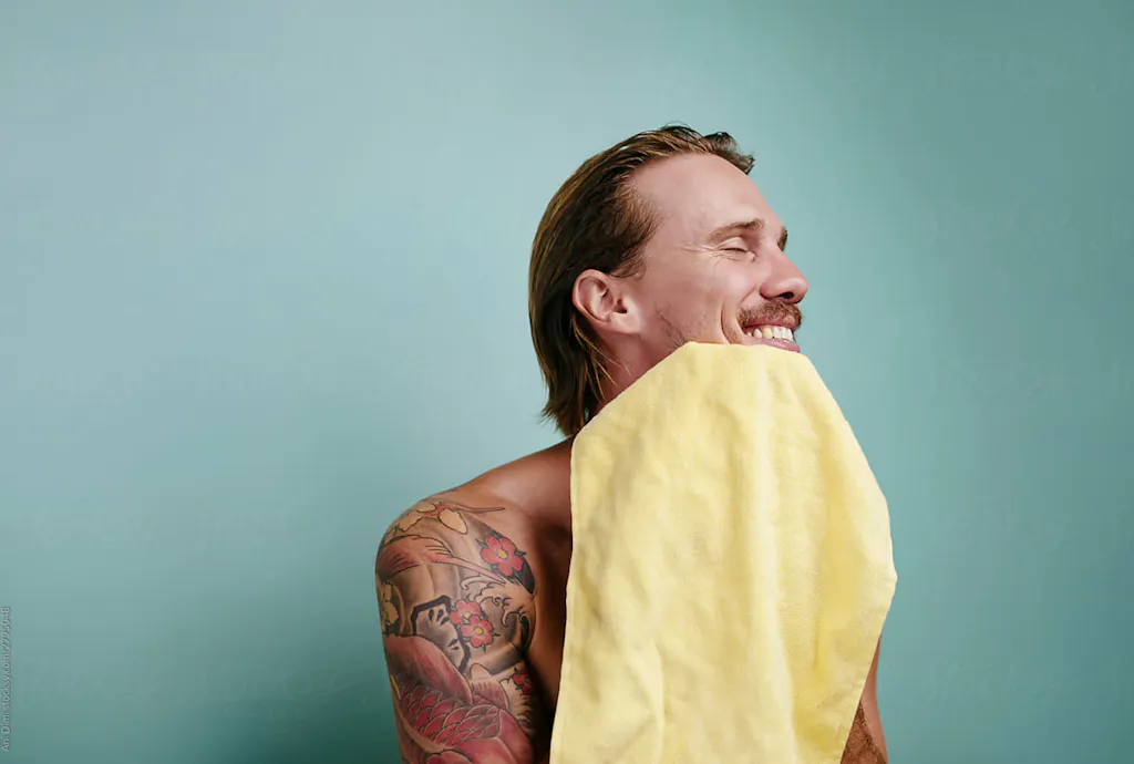 Radosny mężczyzna wycierający twarz ręcznikiem Radosny mężczyzna wycierający twarz ręcznikiem